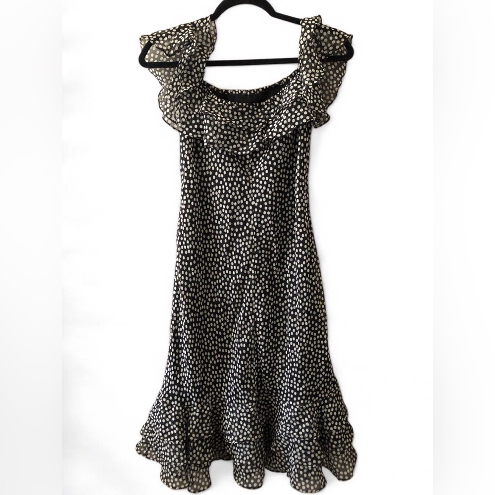American Living Black Dress with White Polka Dots Midi Ruffle Neck